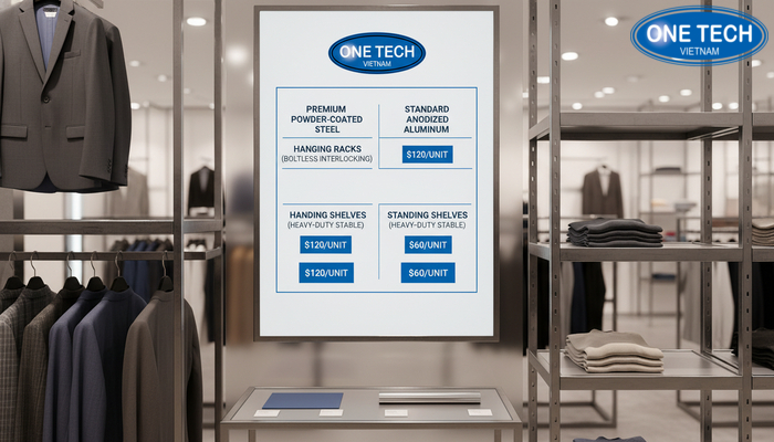 Bảng giá kệ trưng bày shop quần áo minh họa Bảng giá minh họa kệ treo và kệ đứng theo chất liệu và kích thước