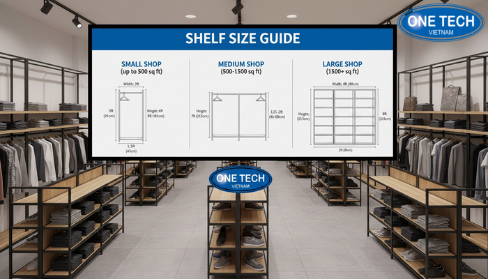 Kích thước kệ trưng bày shop quần áo theo mặt bằng Bảng gợi ý kích thước kệ trưng bày theo diện tích shop quần áo nhỏ vừa lớn