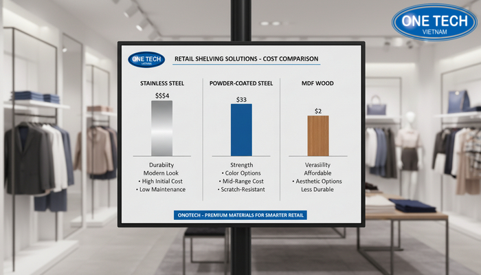 So sánh chi phí kệ trưng bày shop thời trang theo chất liệu Biểu đồ so sánh chi phí kệ theo chất liệu inox, sắt sơn tĩnh điện và gỗ MDF