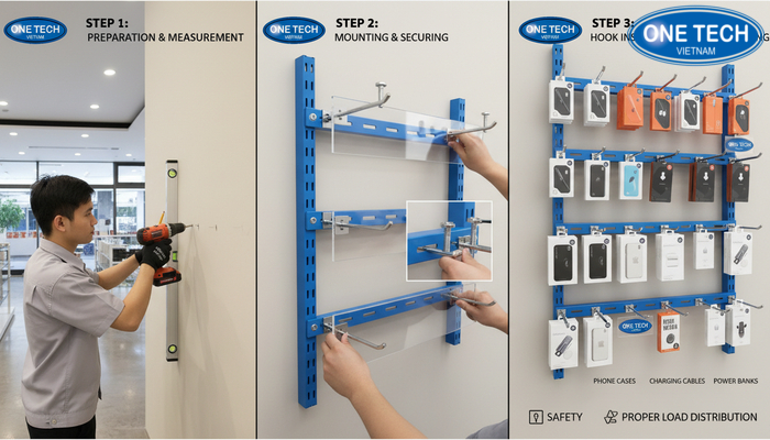 Hướng dẫn lắp kệ treo phụ kiện điện thoại Minh họa các bước lắp kệ treo móc phụ kiện điện thoại