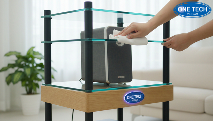 Bảo trì kệ trưng bày loa Minh họa vệ sinh kệ gỗ thép kính đúng cách