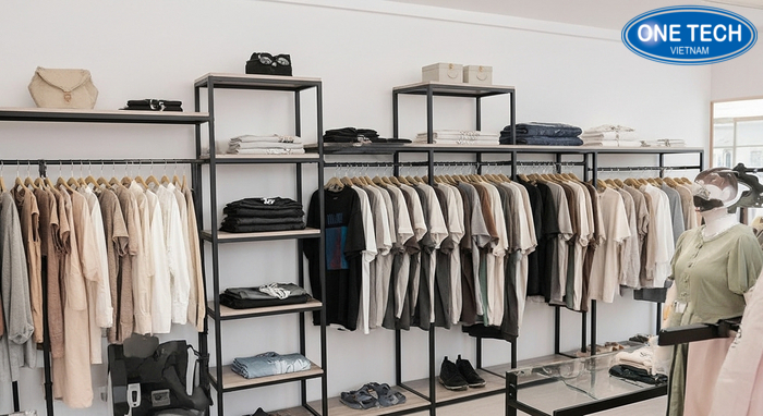Kệ trưng bày shop quần áo dạng đa năng Kệ đa năng có thể tùy chỉnh tầng và tay treo cho shop quần áo