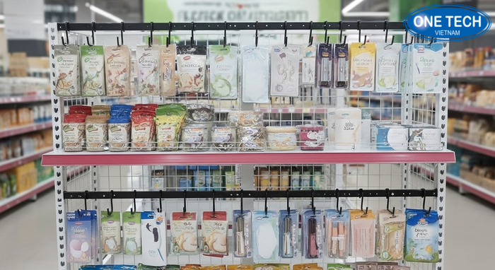 Kệ lưới kết hợp móc treo trưng bày hàng gia dụng nhỏ