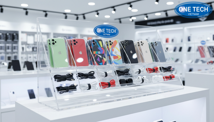 Kệ mica trưng bày phụ kiện điện thoại Kệ mica trong suốt trưng bày ốp lưng cáp sạc tai nghe