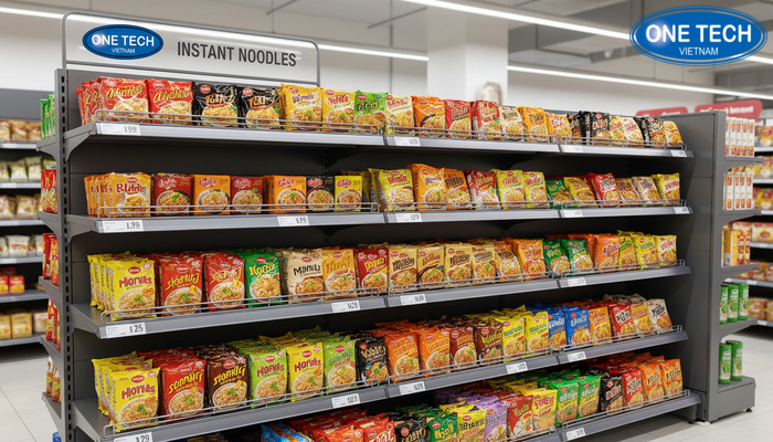 Kệ trưng bày có nẹp bảng giá cho khu mì tôm