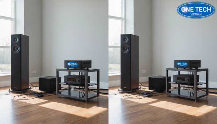 So sánh kệ trưng bày loa và bố trí không dùng kệ So sánh hệ thống âm thanh có kệ trưng bày loa và bố trí đặt sàn