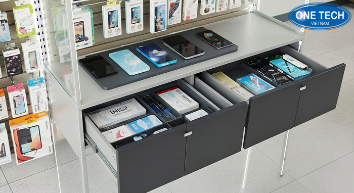 Kệ đứng đa tầng trưng bày phụ kiện điện thoại Mẫu kệ đứng đa tầng có ngăn kéo trưng bày và lưu kho phụ kiện
