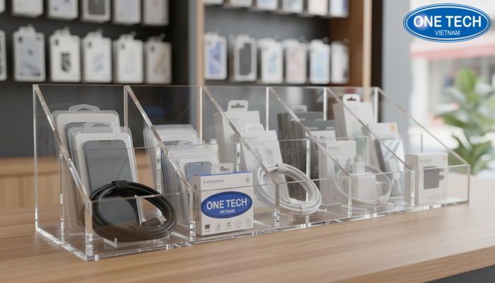 Kệ mica trưng bày phụ kiện điện thoại để bàn Mẫu kệ mica chia ô để bàn trưng bày phụ kiện nhỏ