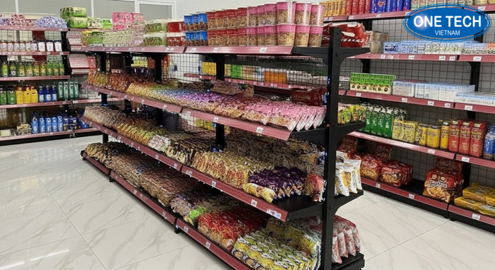 Mẫu kệ trưng bày mì tôm OneTech thực tế