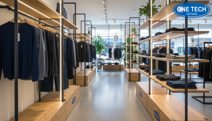 Xu hướng kệ trưng bày shop quần áo có LED và vật liệu bền vững Shop thời trang sử dụng kệ trưng bày kết hợp đèn LED và vật liệu thân thiện môi trường