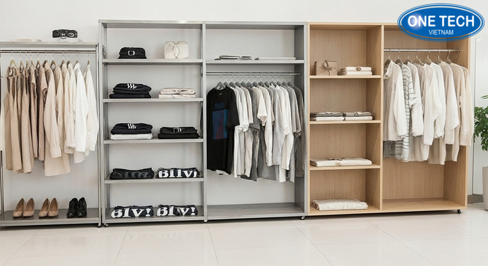 So sánh chất liệu kệ trưng bày shop quần áo So sánh kệ inox, kệ sắt sơn tĩnh điện và kệ gỗ MDF về độ bền và thẩm mỹ