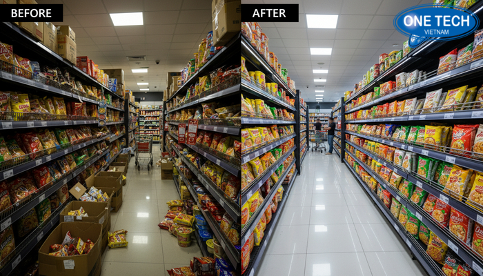 So sánh không gian trước và sau khi dùng kệ trưng bày mì tôm