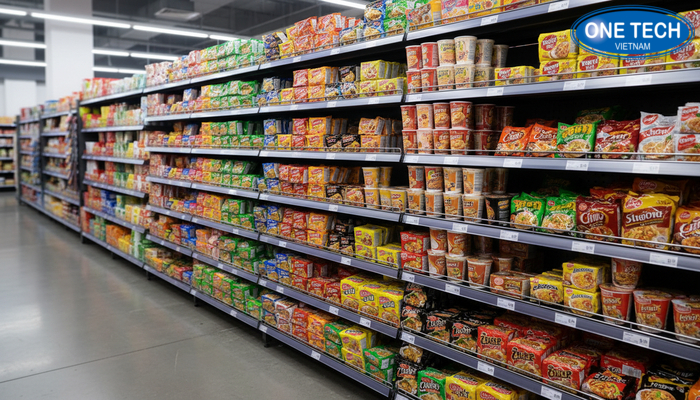 Chất liệu thép sơn tĩnh điện cho kệ siêu thị đựng mì tôm