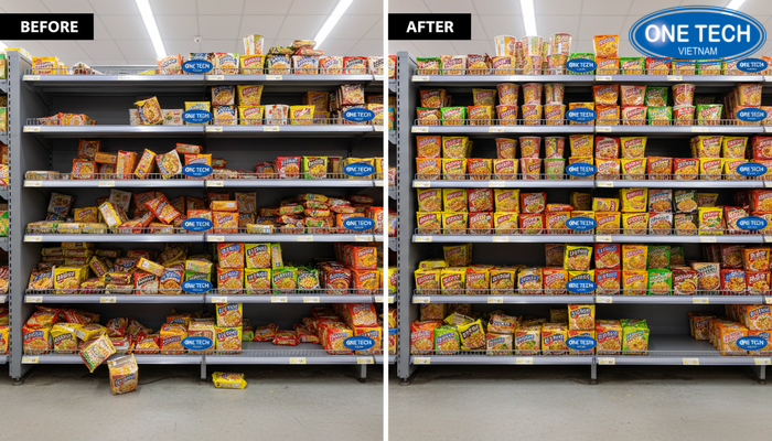 Trước và sau khi sắp xếp kệ mì tôm gọn gàng