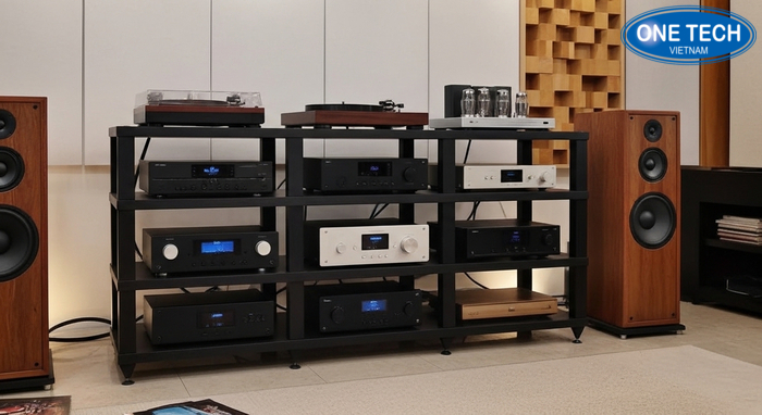 Tủ kệ phòng nghe nhạc hiện đại Tủ kệ phòng nghe nhạc hiện đại tích hợp nhiều tầng để thiết bị