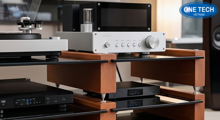 Kệ amply mặt kính cường lực Mặt kính cường lực trên kệ để amply và thiết bị âm thanh