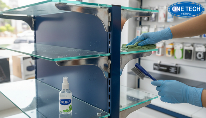 Bảo quản kệ trưng bày phụ kiện điện thoại Minh họa vệ sinh kệ mica kệ sắt kệ inox đúng cách