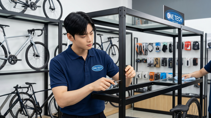 Minh họa kiểm tra ốc vít và vệ sinh kệ trưng bày xe đạp định kỳ