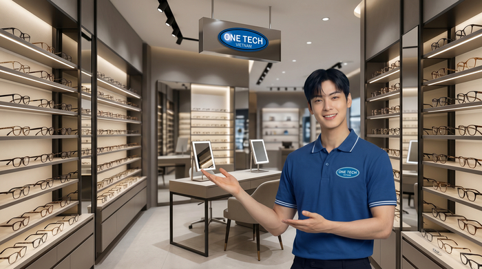 Bố trí kệ trưng bày kính mắt với lối đi rộng, khu thử kính và ánh sáng hài hòa