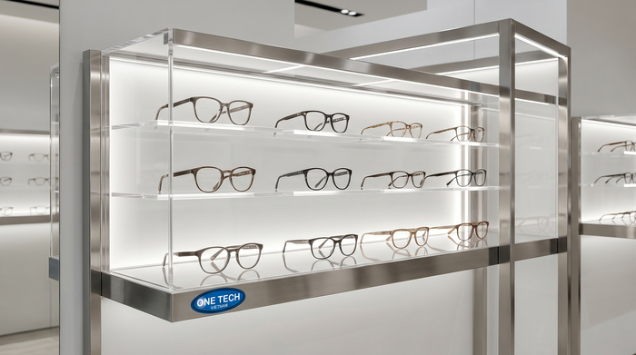 Mẫu kệ trưng bày kính mắt tích hợp đèn LED, tăng hiệu ứng cao cấp cho showroom