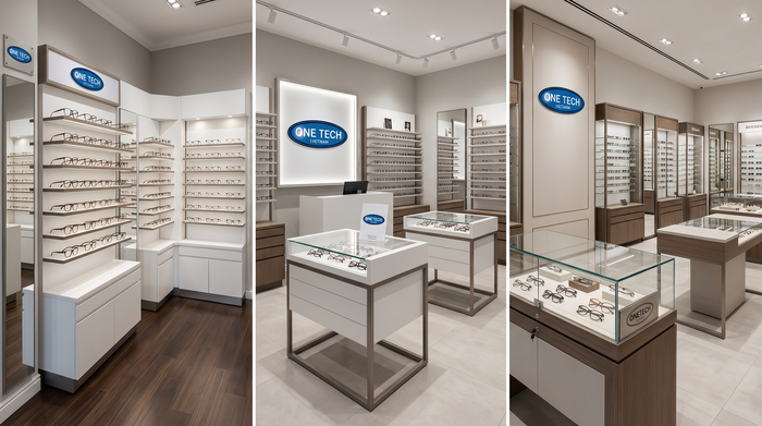Ví dụ bố trí kệ trưng bày kính mắt theo cửa hàng nhỏ, vừa và showroom rộng