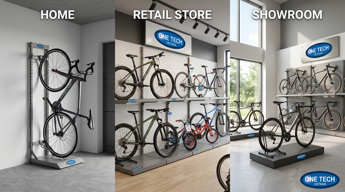 So sánh kệ trưng bày xe đạp trong gia đình, cửa hàng và showroom